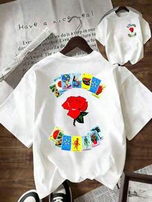 Rosa roja rodeada de cartas coloridas de lotería mexicana que simbolizan fortuna naturaleza y energía positiva camiseta de mujer 100% algodón - Blanco - Ver 8