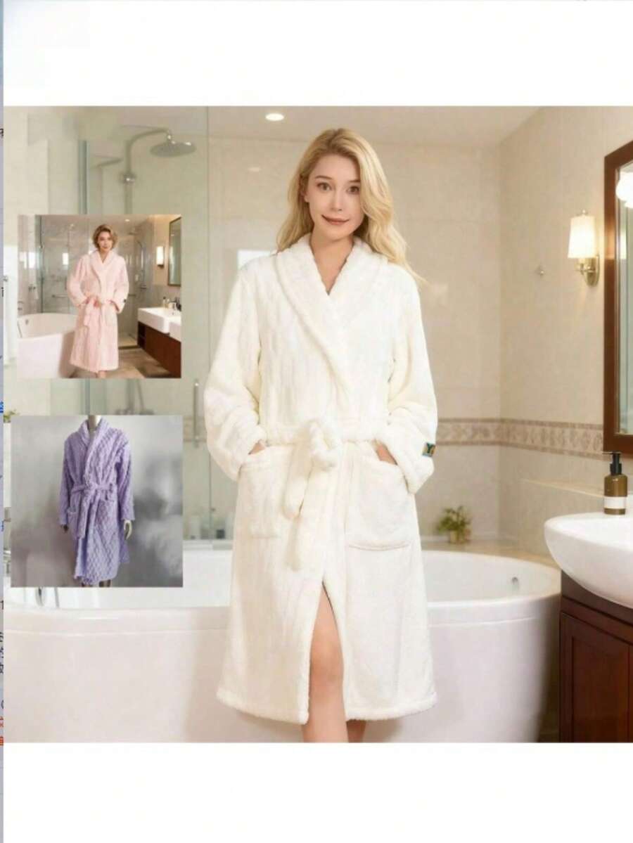Áo choàng tắm dày dặn, thấm hút tốt, unisex, đồ ngủ đôi mùa thu/đông, áo choàng nhanh khô, họa tiết mây, thắt eo. - Màu tím - Xem 1