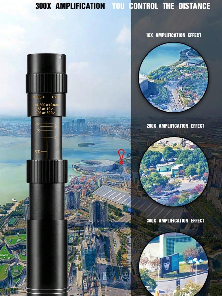 10-300x High Magnification Monocular Telescope, Extendable Rotatable Zoom Design, Suitable For Stargazing, Birdwatching, Concerts, Can Be Used With Tripod And Phone Holder, Compact Portable Metal Optical Telescope - Black - View 1
