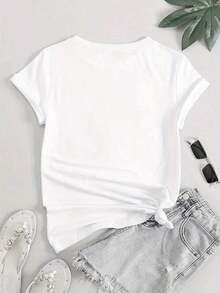 Camiseta de Mujer con Estampado Abstracto Minimalista Creativo de Osito de Peluche, Cuello Redondo, Manga Corta, Estilo Casual Deportivo, Cómoda para Vacaciones, Ropa de Verano - Blanco - Ver 4
