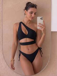August vacation Bộ bikini nữ màu đen thanh lịch, gợi cảm, thiết kế lệch vai khoét rỗng, thích hợp cho kỳ nghỉ biển, mùa hè. - màu đen - Xem 3