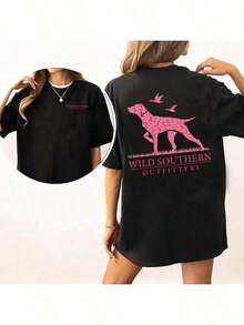 [100% Cotton] Pink Camouflage Print Dog Hunting Shirt, Wild Southern T-Shirt, Simply Printed Graphic Tee, New Comfortable Retro Cotton T-Shirt-L91 - 黑色 - 查看 9