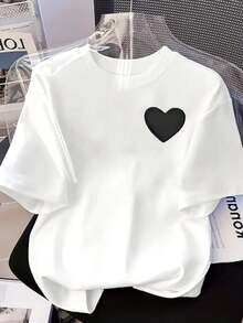 VintageHeart, Short-Sleeved, Round-Neck T-Shirt With Heart Print, Casual Top For Summer And Spring, Women's Clothing, Summer Tops, Summer Outfits - White - View 3