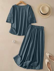 Conjunto de 2 piezas Primavera/Verano de unicolor casual con top de puño con volantes multicapa y falda con diseño de botones asimétricos y bolsillo, material de algodón puro ligero y transpirable, atuendo versátil vintage para uso diario y desplazamientos, falda con diseño retro a juego con blusa de top con diseño de volantes - Agua verde azul - Ver 3