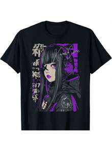Unisex Short-Sleeved T-Shirt For Men. EWH Japanese Cyberpunk Y2K Anime Graphic T-Shirts. Made Of 100% Cotton, 180g. Featuring A Crew Neck And Short Sleeves. Available In Various Sizes. These Soft And Breathable T-Shirts Are Comfortable For Everyday Wear. (Keywords: Men's, Women's, , Romwe, Men's, Boho Chic, Teachers' Gifts, T-Shirt For Curvy Women's Sets, Y2k) - 黑色 - 查看 6
