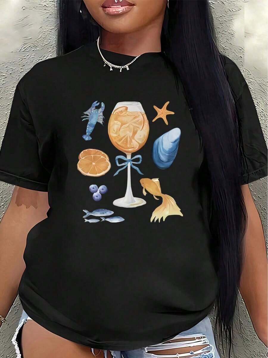 Premium Women's Casual Loose Fit T-Shirt, Polyester, Short Sleeve, Seafood Design, Casual Wear For Restaurant Or Home, Lightweight And Durable, With A Crab, Clam, Fish, And Rooster Tail Print, Comfortable Fit For Everyday Activities. - 黑色 - 查看 1