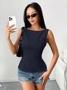 Camisa tipo camisola ajustada sin mangas con espalda abierta y lazo, unicolor.Elegante, informal, sexy y minimalista para oficina y negocio.Primavera/Verano - Azul marino - Ver 6