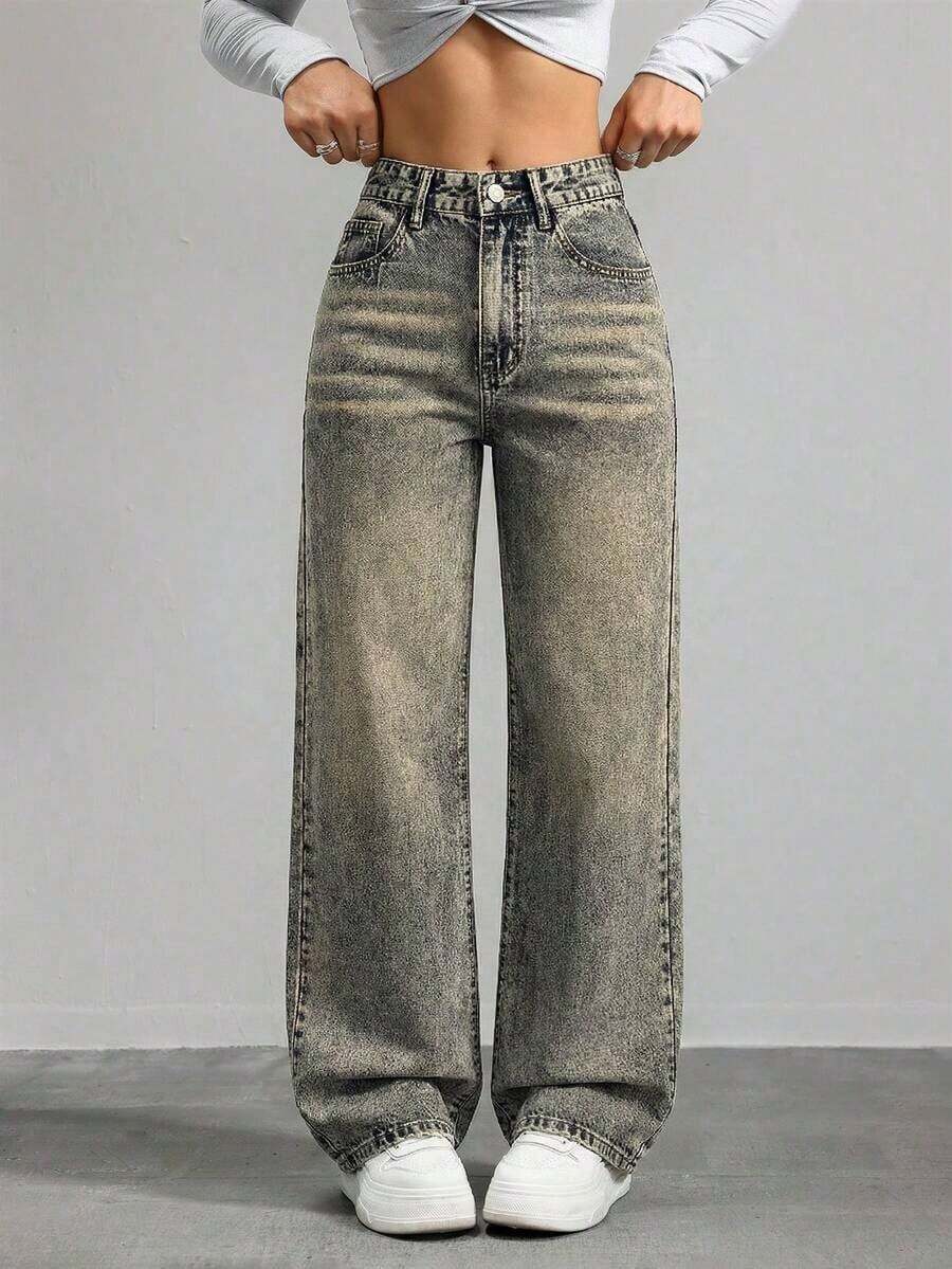 Jeans de mezclilla de pierna ancha recta de diseño simple con cintura alta para mujeres a la moda - Lavado ligero 2 - Ver 1