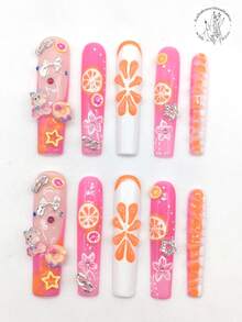 Juego de 10 piezas de uñas postizas hechas a mano, forma de ataúd de 45mm, que incluye colores rosa, púrpura y blanco, con decoración de rodaja de naranja, oso 3D, donut, lazo plateado, estrella amarilla, accesorios de cadena de metal, relieve de fruta de rodaja de naranja, decoración floral pintada a mano. Arte de uñas personalizado, adecuado para ocasiones casuales, fiestas y actuaciones. Uñas - Multicolor - Ver 2