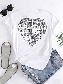 Women's T-Shirt With Mother's Heart Design, Casual Wear, Mother's Day Gift, 220g Women's Blouse Shirt - 白色 - 查看 3