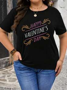 Soft 100% Cotton T-Shirt, Casual Short-Sleeved Crew Neck T-Shirt For Women, With Creative Valentine's Day Prints, Simple Design, Ideal For Outdoor Activities, Comfortable And Versatile, The Perfect Choice For A Birthday Gift, Also A Good Option For Family And Friends. Breathable Cotton T-Shirt, Goes With Everything. - 黑色 4 - 查看 1