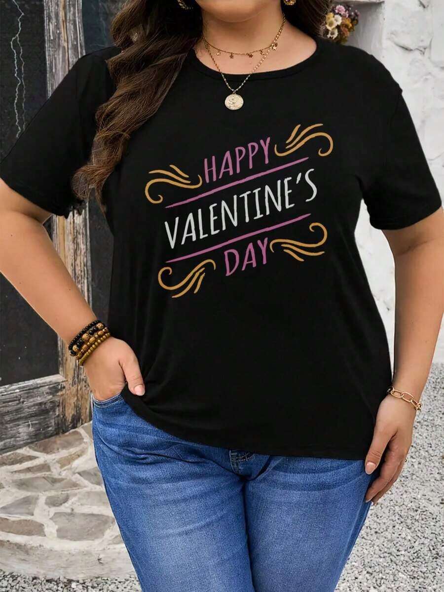 Soft 100% Cotton T-Shirt, Casual Short-Sleeved Crew Neck T-Shirt For Women, With Creative Valentine's Day Prints, Simple Design, Ideal For Outdoor Activities, Comfortable And Versatile, The Perfect Choice For A Birthday Gift, Also A Good Option For Family And Friends. Breathable Cotton T-Shirt, Goes With Everything. - 黑色 4 - 查看 1