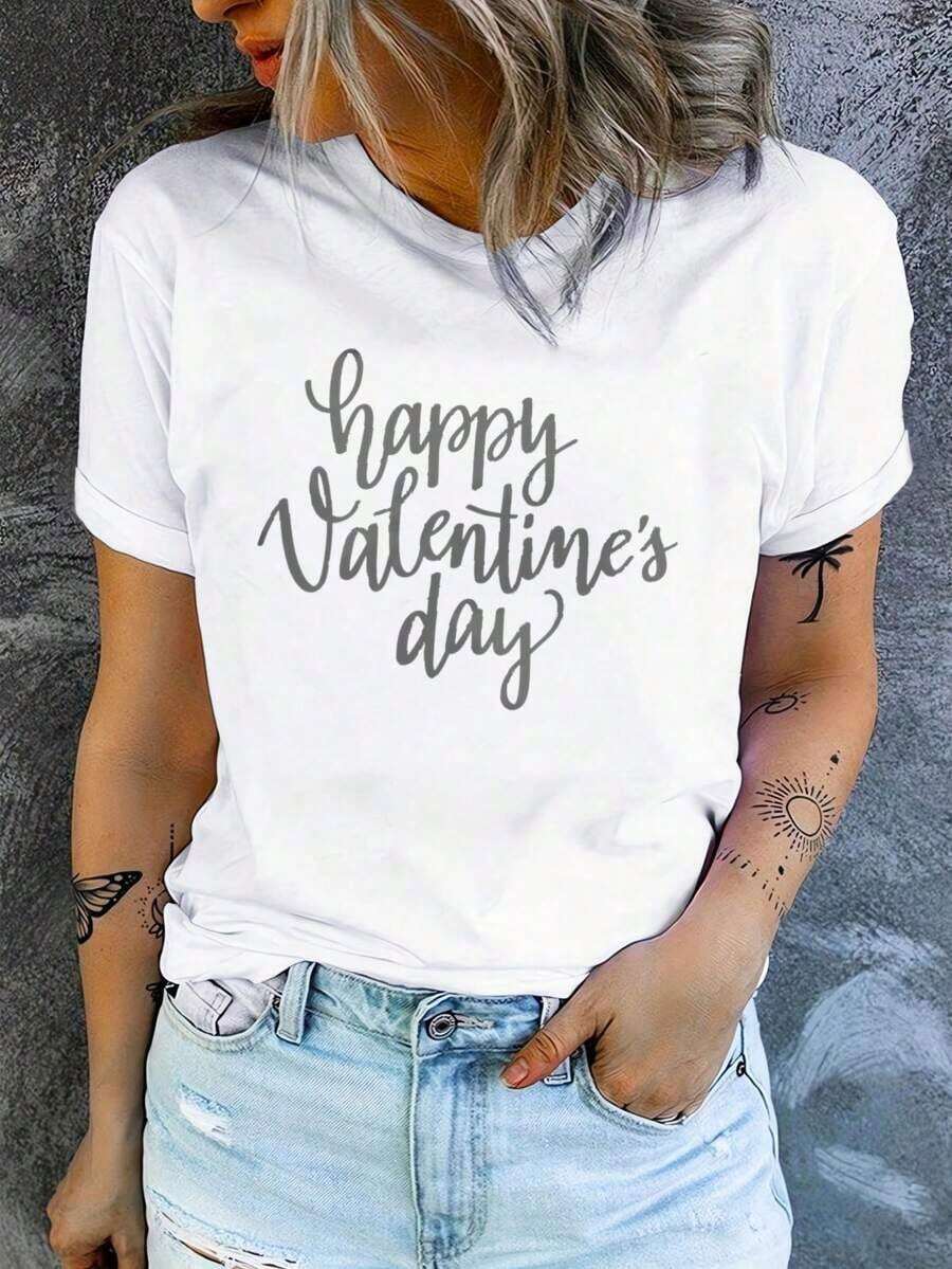 Soft 100% Cotton T-Shirt, Casual Short-Sleeved Crew Neck T-Shirt For Women, With Creative Valentine's Day Prints, Simple Design, Ideal For Outdoor Activities, Comfortable And Versatile, The Perfect Choice For A Birthday Gift, Also A Good Option For Family And Friends. Breathable Cotton T-Shirt, Goes With Everything. - 白色 5 - 查看 1