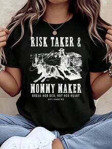 Camiseta con Estampado Occidental "Risk Taker And Mommy Maker" para Mujer, Estilo Cowgirl con Diseño de Montar Toro, "Rompie Su Cama, No Su Corazón", Dirty Cowboy Mfg, Ropa Fresca de Verano para Mujer - Negro - Ver 2