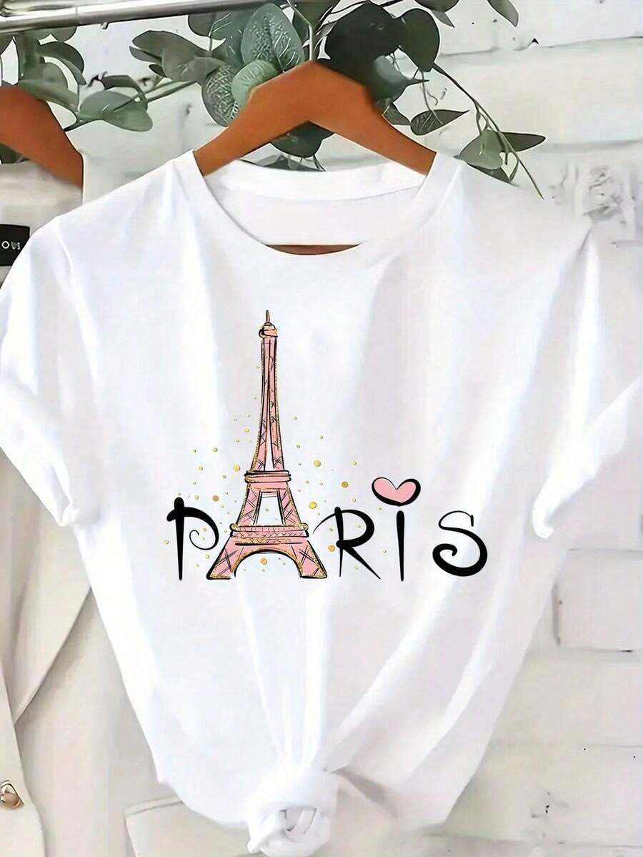 1 Piece Women's Graphic T-Shirt With Paris Design, Featuring The Eiffel Tower And The Inscription "Paris", Lightweight Summer T-Shirt For Travel, Parties, Everyday Wear, Casual Round Neck T-Shirt, Party Clothes, Travel Clothes, Breathable Material, Printed T-Shirt For Fashion Lovers, 180g 100% Cotton. - 白色 - 查看 1