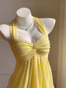 Top de tirantes con estampado de lunares marrones y detalle de nudo en la espalda para mujer, adecuado para verano, vacaciones de primavera, ceremonia de graduación, fiesta de boda, vacaciones elegantes, playa casual, estilo Y2K lindo y sexy y - Amarillo - Ver 7