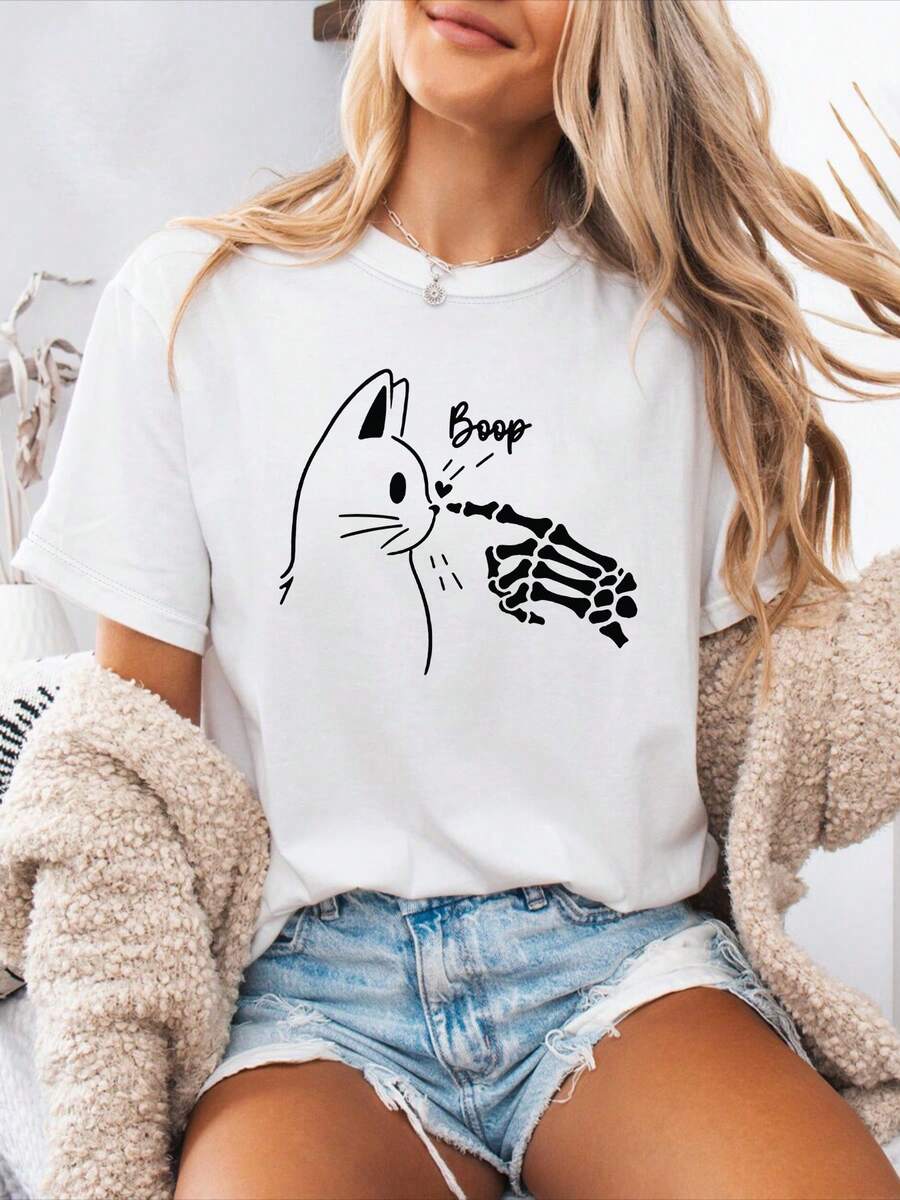 Women's T-Shirt With Hand-Drawn Line Art Print Of A Boop Skeleton And Boop Cat Nose, European Summer Style, Fun, Round Neck, For Cat Lovers, Versatile Streetwear Item, Festival Vibe, Women's Clothing - 白色 - 查看 1
