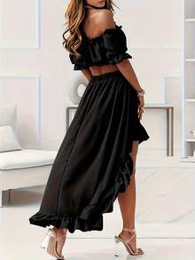 Women's Two-Piece Set | Lotus Leaf Edge Short Top + Front Short And Back Long Medium And Long Skirt | Vacation Date Afternoon Tea Cocktail Dress - Black - View 6