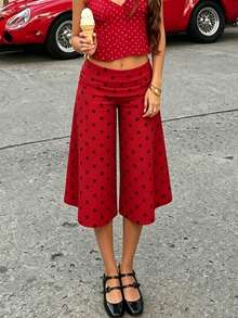 Women Casual Fold Over Loose Fit Capri Pant Leg Cropped Flowy Cotton Gaucho Pants Comfy Casual Yoga Coluttes Pajama Bottom Soft Comfortable Cropped Trouser Lounge Sleepwear Bottoms - 酒紅色 - 查看 3