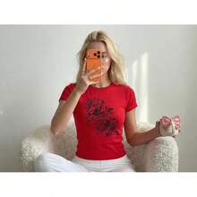 Red Baby T-Shirt With Black Bird And Flower Print, Summer Boho Floral Shirt, Vintage Tattoo Style Top, Soft Grunge Aesthetic T-Shirt, Dark Gothic Blouses For Women > Printed Shirt Blouses For Ladies - 紅色 - 查看 10