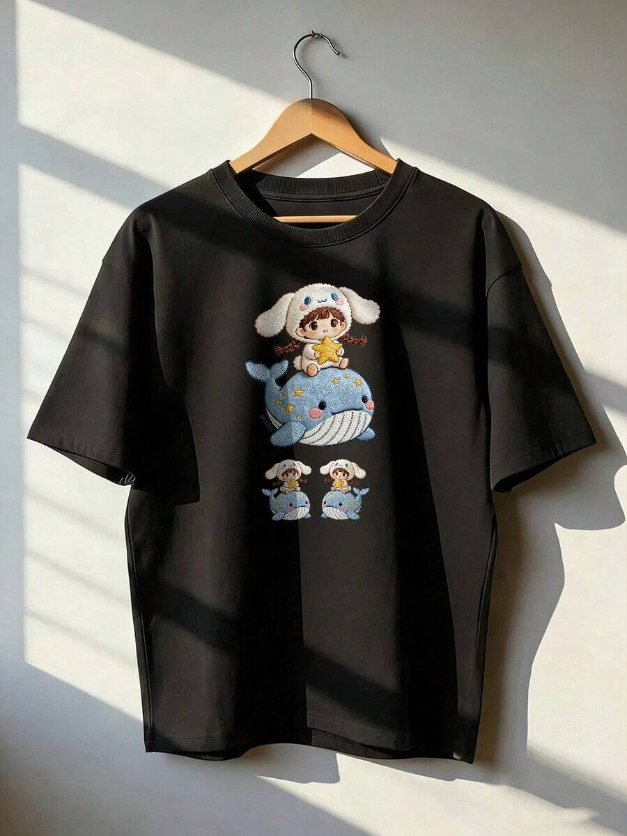 Girl And Blue Whale T-Shirt, Fashionable Short-Sleeved T-Shirt For Spring And Summer 2026, Made In Mexico, 180 Grams. Cartoon Print, Couple Design, Suitable For Indoor Or Outdoor Wear. Crew Neck, Unisex, Ideal For Office And Leisure. One-Pack. - BK-P631577SLNDXZGY556 - 查看 1