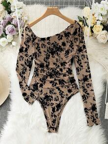 Body de manga larga con hombros transparentes y estampado de leopardo para mujer - Multicolor - Ver 1