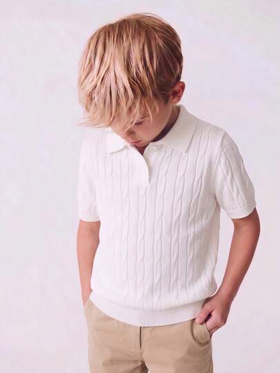 Boys' Solid Color Cable Knit Polo Shirt Short Sleeve Lightweight Sweater, Suitable For School & Everyday Wear, Spring/Summer/Autumn