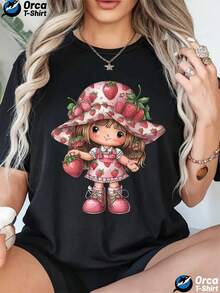 Camiseta de mujer con estampado de patrón creativo, adecuada para camiseta de manga corta casual de primavera y verano para mujer, Top holgado de cuello redondo de moda para mujer - Negro - Ver 2