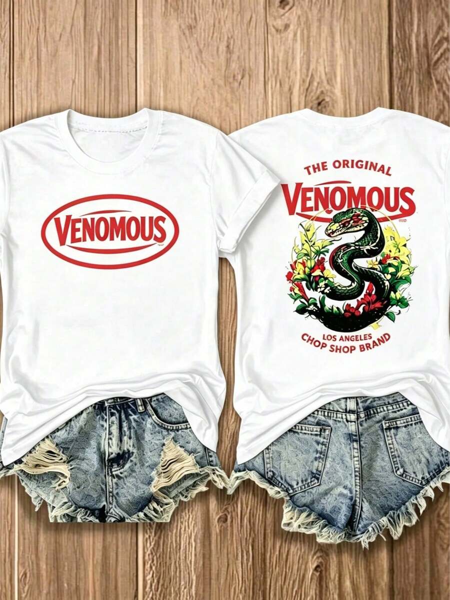 Double Sided Graphic Women's T-Shirt, Red Venomous Snake Floral Print, Classic Americana 100% Cotton Unisex Tee, Casual Everyday Summer Top - 白色 - 查看 1