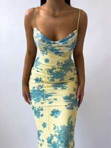 Fitted Dress With Low-Cut Print, Elegant Style Spring 2026 - 黃色 - 查看 4