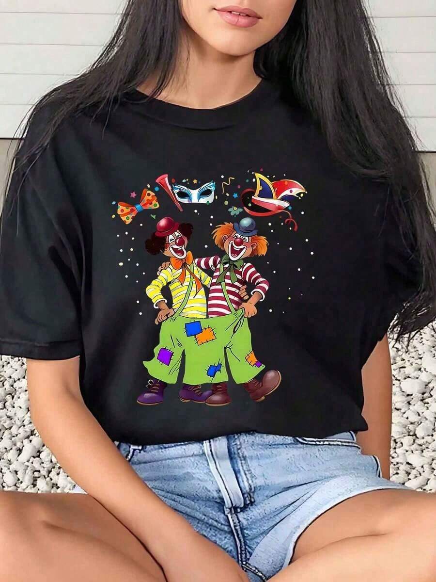 1 Piece Women's T-Shirt With Clown And Jester Print, Carnival Theme, Daily Wear, Round Neck, Short Sleeve, Soft And Comfortable, 220 G/M², 180 G, 100% Cotton - 黑色 - 查看 1