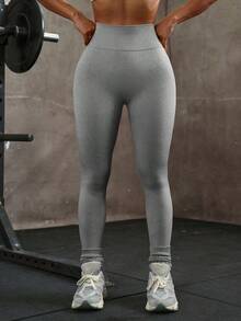 sin costuras de cintura alta de unicolor para uso diario, fitness y yoga para mujeres - Gris Claro 2 - Ver 3