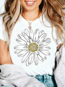 Daisy Flower Graphic T-Shirt, 100% Cotton Oversized Soft Breathable Casual Crewneck Short Sleeve Top, Summer Vibes Aesthetic Tee For Women & Nature Lovers - 白色 - 查看 1