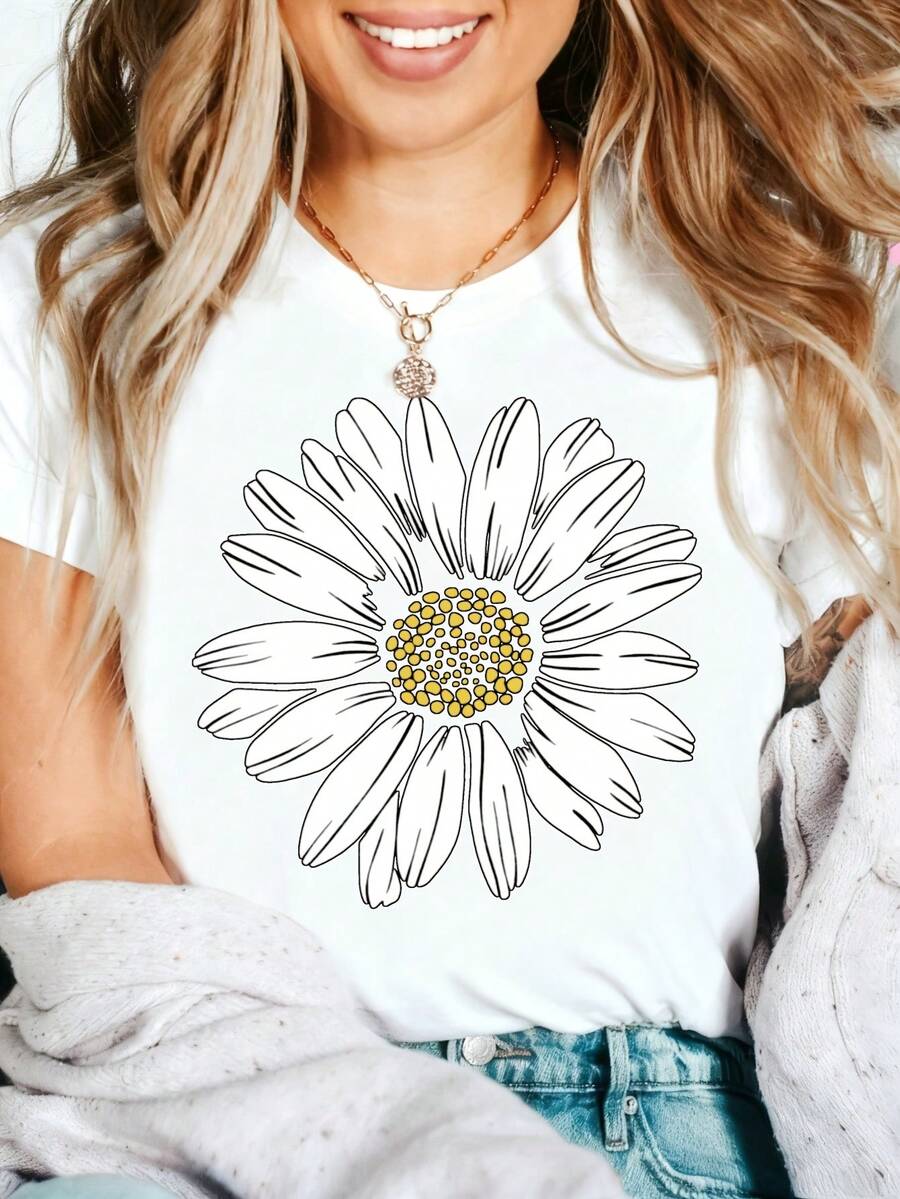 Daisy Flower Graphic T-Shirt, 100% Cotton Oversized Soft Breathable Casual Crewneck Short Sleeve Top, Summer Vibes Aesthetic Tee For Women & Nature Lovers - 白色 - 查看 1