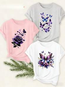 Women's T-Shirts, Women's T-Shirts, 1 Piece Set Of Casual Round Neck T-Shirts In Assorted Colors For Women | Gray Butterfly Print Short Sleeve Shirt, Soft And Comfortable - The Perfect Exclusive Gift For Mother's Day/Easter. - 1件白色隨機圖案 - 查看 1