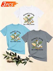 Women's T-Shirts, Women's T-Shirts, Funny One-Piece Casual T-Shirt With A Cartoon Goose Pattern With Sunglasses And A Surfboard, English Slogan "Normal Is Boring, Be A Fool", Comfortable Top. - 1件白色隨機圖案 - 查看 6