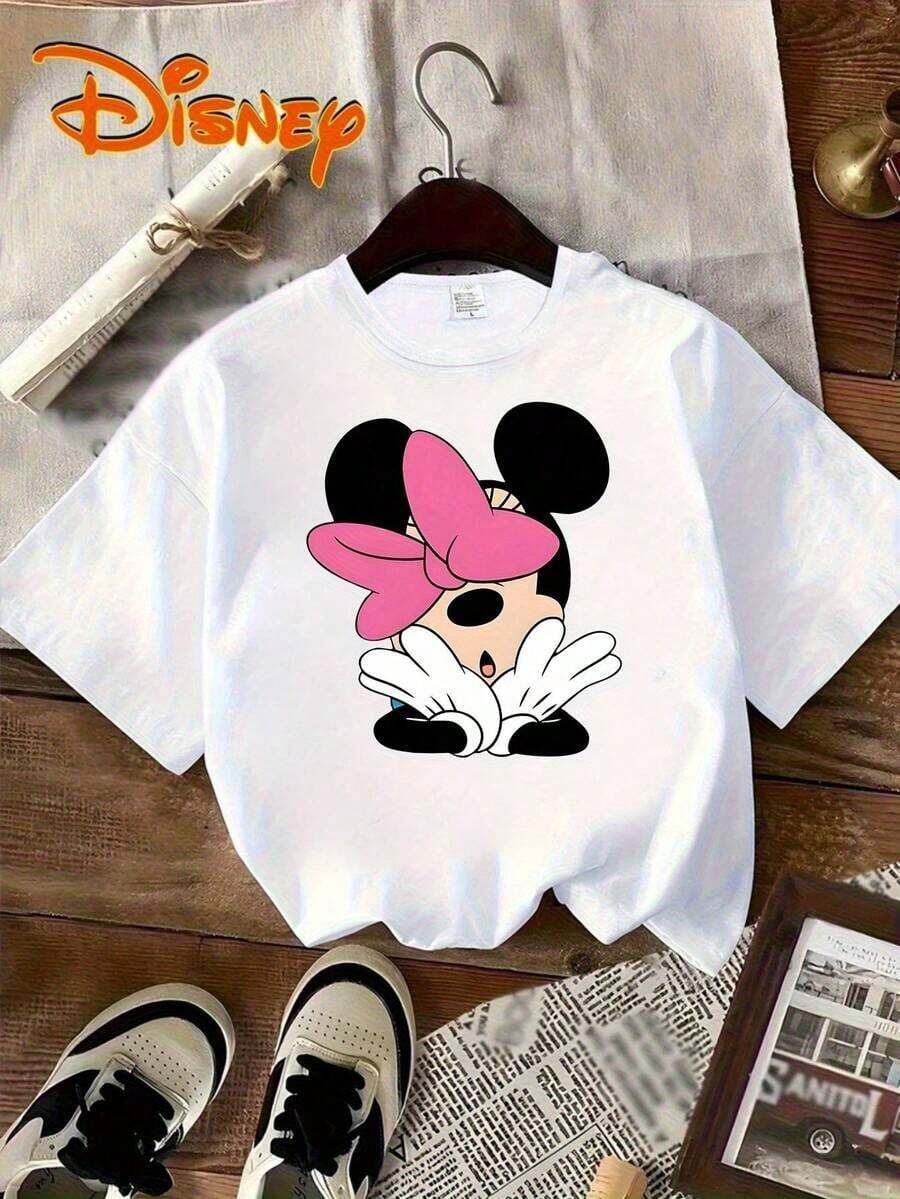 Disney Authorized Minnie Mouse Women's T-Shirt-Red Casual Short-Sleeved Lightweight Polyester Top, Spring And Summer Fashion Cartoon Design, Machine Washable, Fan Gift, Youthful Style, Comfortable And Fit For Daily Wear, Durable Materials, Fun Printing, Women Must Have. - 白色 - 查看 1