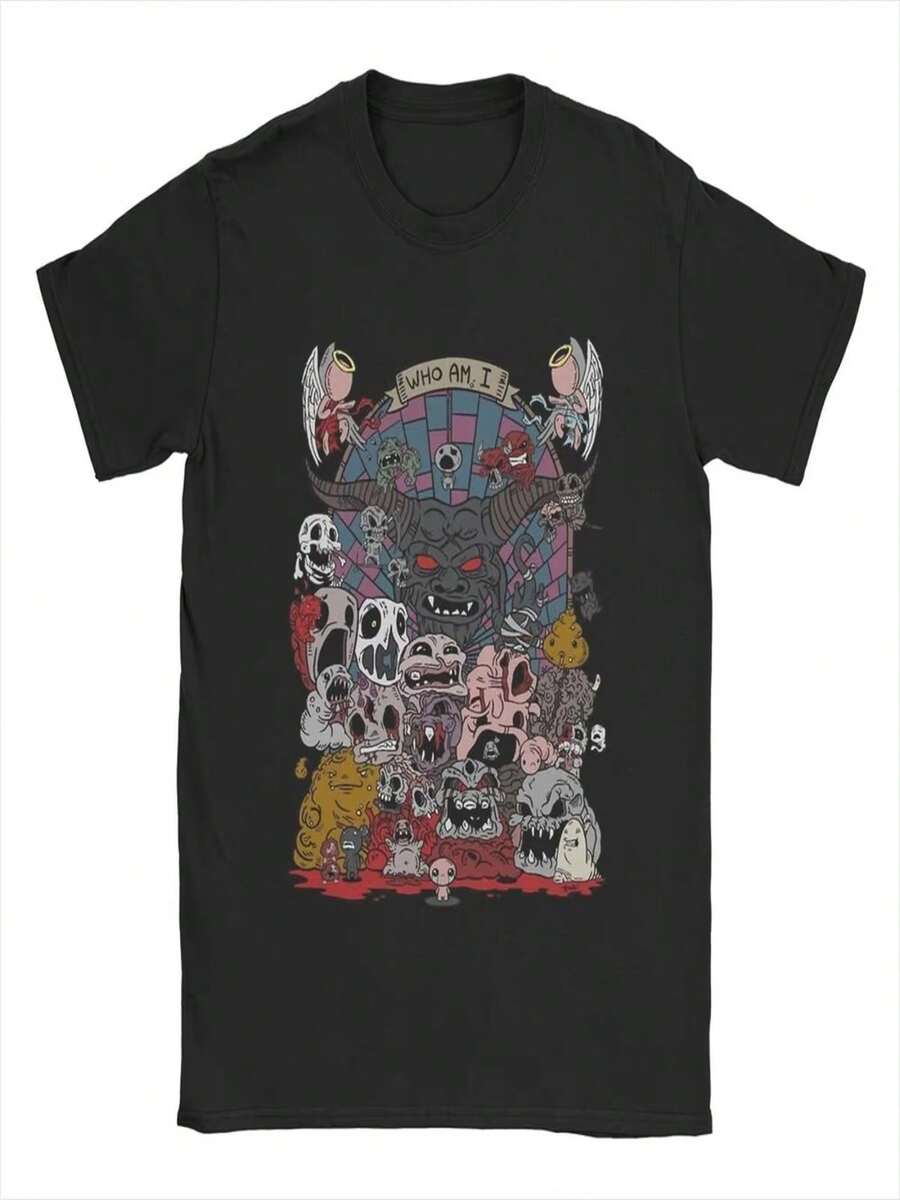 Awesome The Binding Of Isaac Themed T-Shirt, Women's Pure Cotton Crew Neck T-Shirt, 90s Cartoon Short Sleeve T-Shirt, Plus Size T-Shirt. - 黑色 - 查看 1