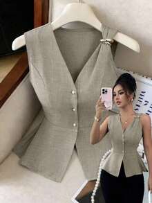 Nueva llegada Blusa de verano minimalista y elegante para mujer con diseño de hebilla de metal, cuello en V sin mangas y cintura ceñida a rayas de algodón cómodo - Albaricoque - Ver 8