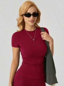 1 pieza Camiseta deportiva de manga corta de ajuste ceñido y minimalista para mujer, ideal para el verano - Rojo - Ver 5
