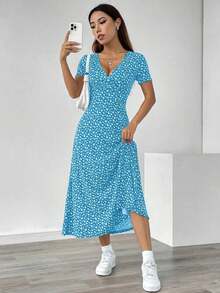 Vestido casual de verano con cuello en V, manga corta y estampado floral diminuto (corte aleatorio) para mujer - Multicolor 10 - Ver 7