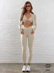 Sport Leggings ajustados de cintura contorneada y cruzada para actividades, pádel, tenis, pickleball, gimnasio, fitness, pilates y uso casual diario - Crema - Ver 6