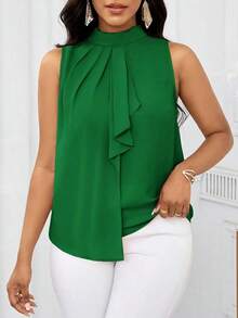 Lady Blusa sin mangas con estampado floral elegante y volante en el bajo, para verano - Verde - Ver 7