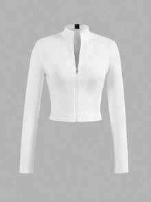 Camiseta de manga larga de ajuste ceñido con cuello en V y media cremallera elástica informal, esencial básico para otoño e invierno de mujeres - Blanco - Ver 6