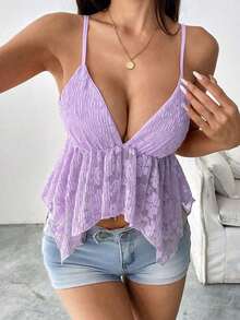 Camiseta de mujer con escote en V sexy y bajo asimétrico de encaje - Morado - Ver 8