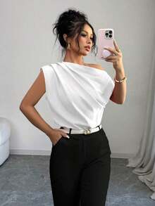 Blusa de unicolor con cuello asimétrico y plisado a la moda para mujeres - Blanco - Ver 1