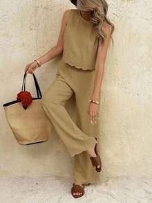 Frenchy Conjunto casual de 2 piezas de top con cuello redondo y espalda retorcida, y pantalones de pierna ancha de unicolor para mujer - Caqui - Ver 4