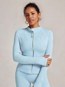 Chaqueta de manga larga para mujer con agujeros para el pulgar, 2 bolsillos, parte superior deportiva para correr y hacer ejercicio, color negro, primavera - Azul cielo - Ver 4