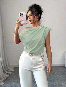 Blusa de unicolor con cuello asimétrico y plisado a la moda para mujeres - Verde - Ver 7