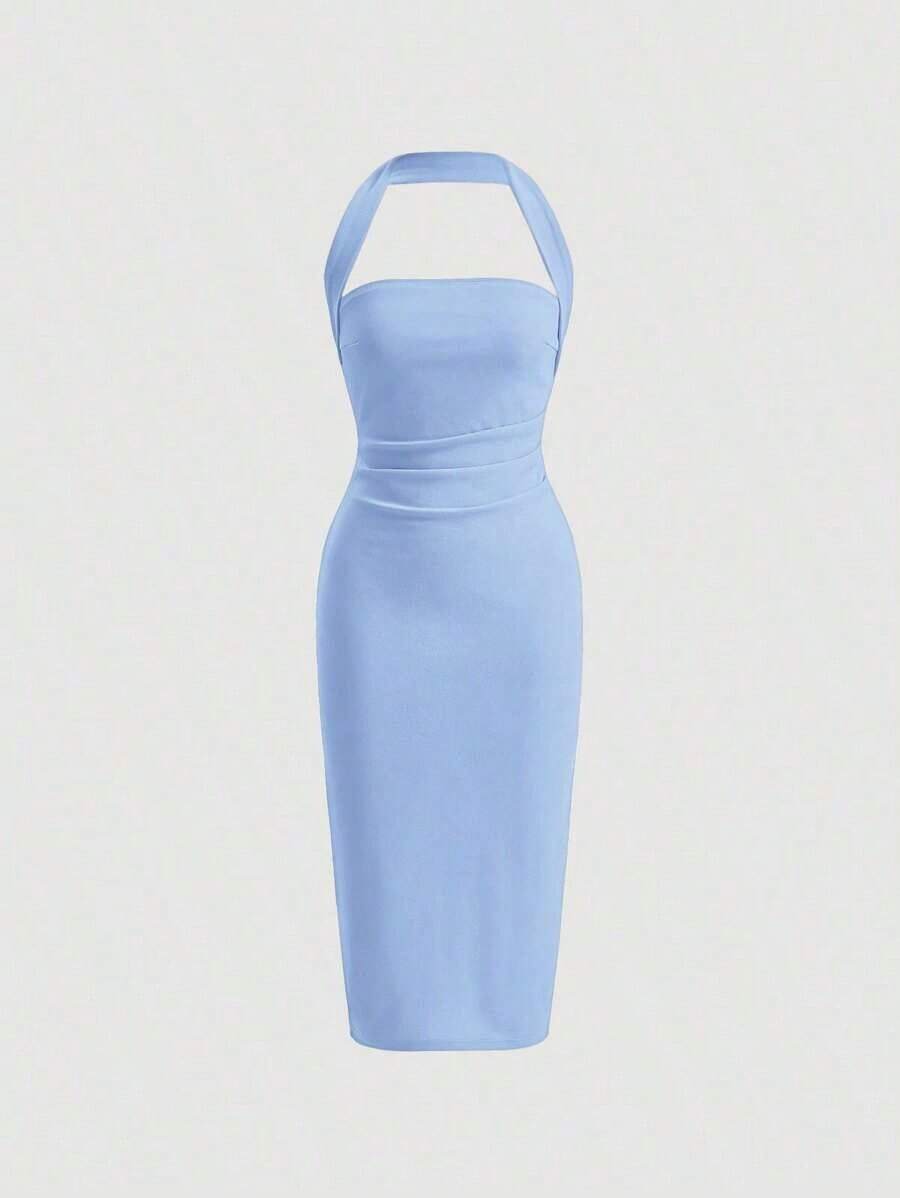 Vestido ajustado con cuello de halter fruncido y espalda descubierta - Azul - Ver 1